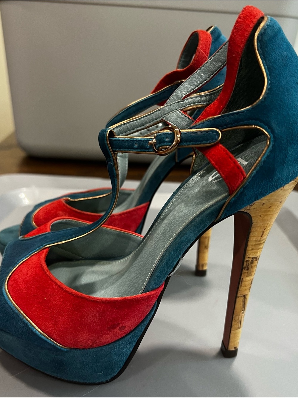 Kurt Geiger Teal and Red Suede T-Strap Heels with Gold Trim - Picture 2 of 3